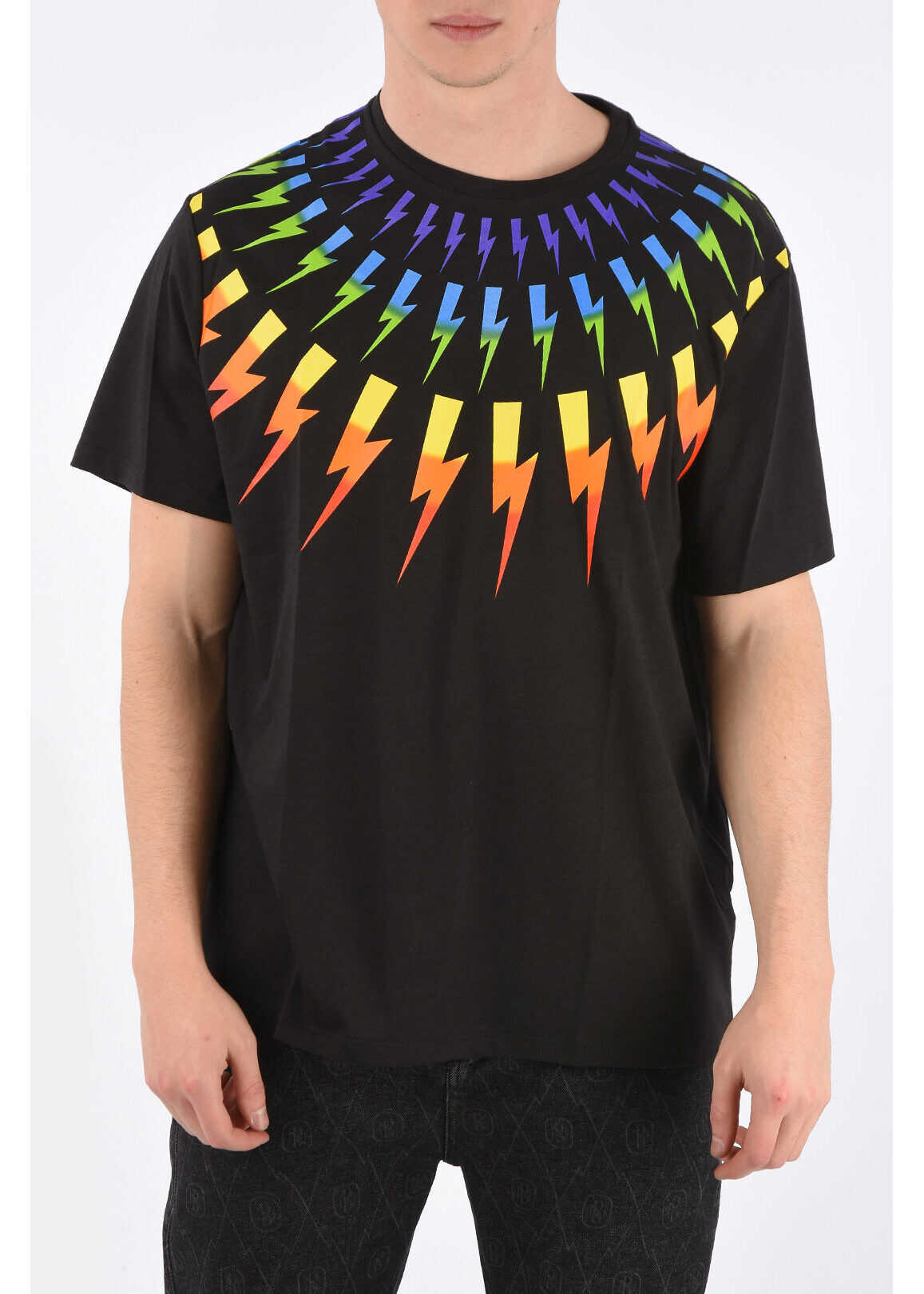 Neil Barrett Crewneck Fair Isle Rainbow Thunderbolt T-Shirt BLACK