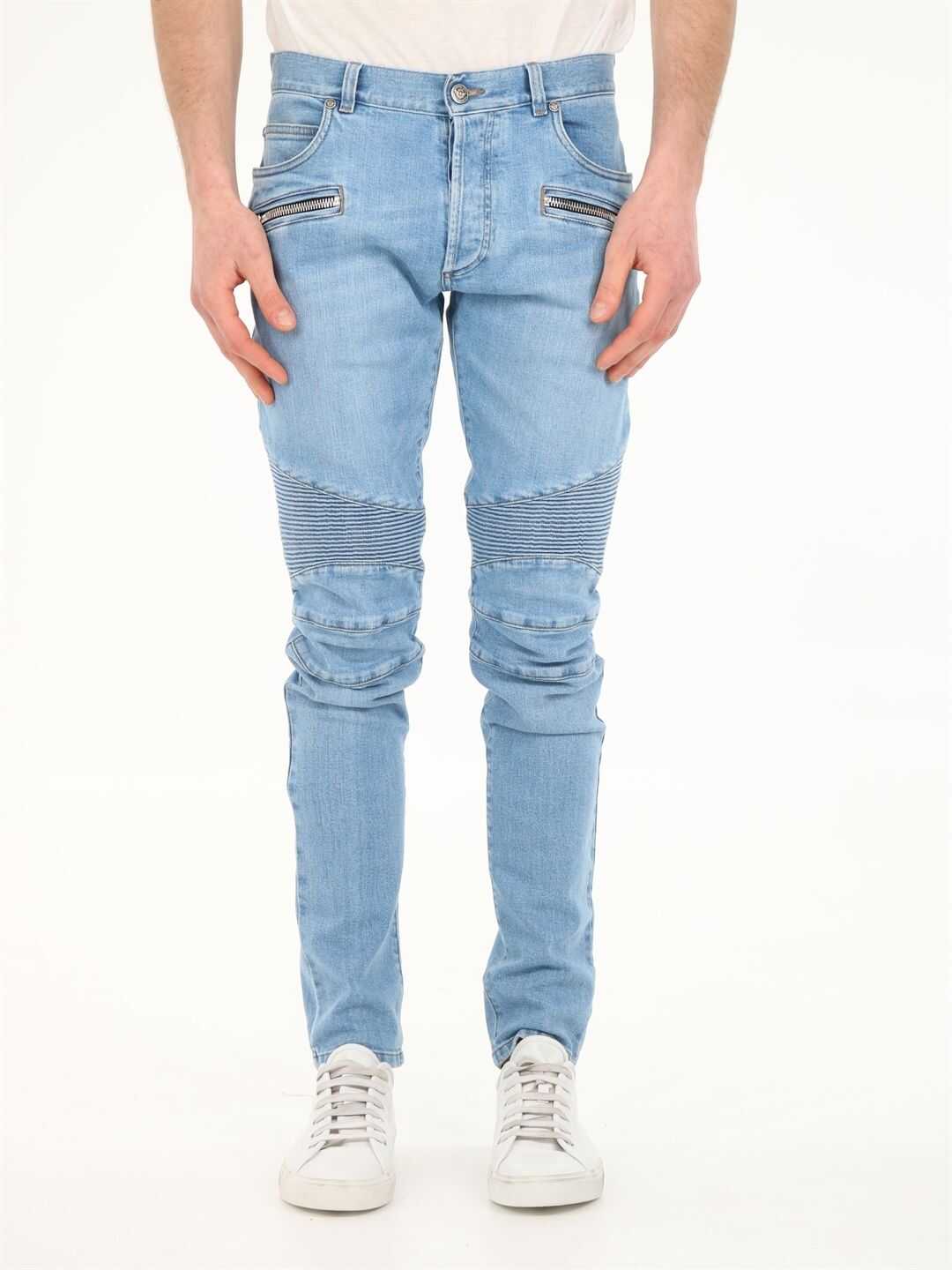 Balmain Slim Cotton Jeans With Balmain Monogram VH0MG007 135D Blue