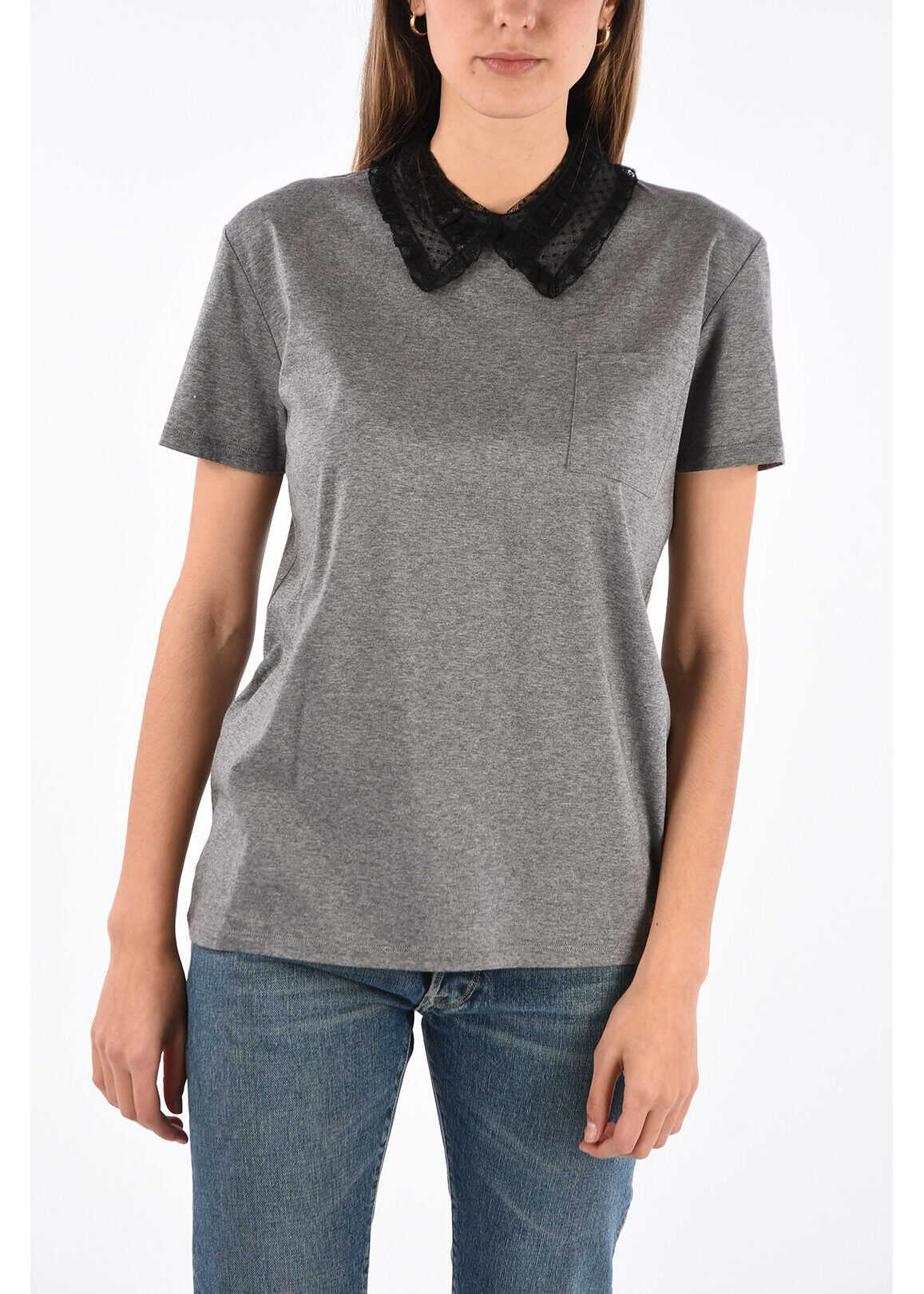 Miu Miu Polo Neck Lace T-Shirt Gray