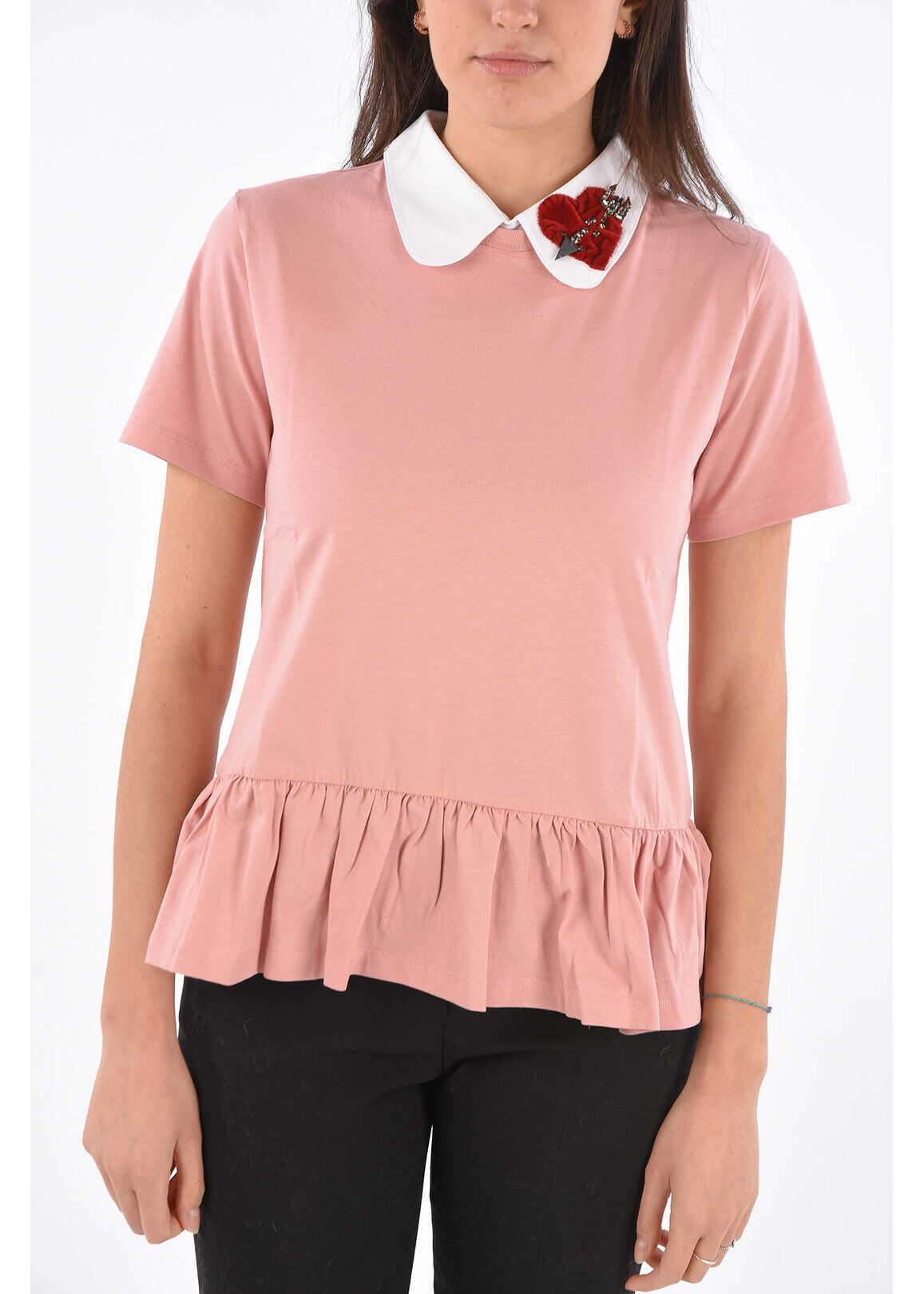 RED VALENTINO Peplum T-Shirt With Decorative Collar Pink