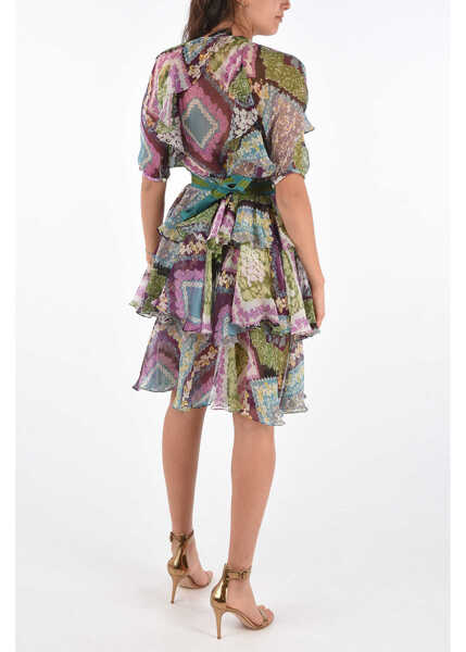 Rochii scurte DSQUARED2 Floral Printed Silk Dress With Belt Multicolor Femei (BM 8439606) 2