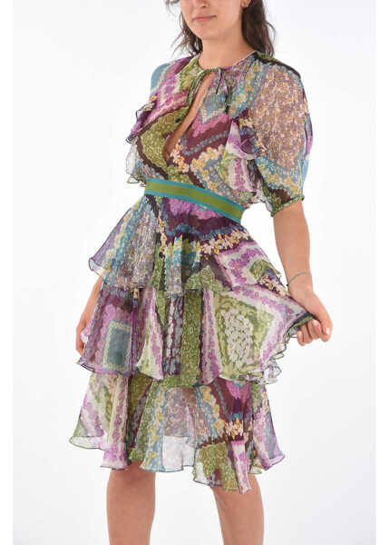 Rochii scurte DSQUARED2 Floral Printed Silk Dress With Belt Multicolor Femei (BM 8439606) 4