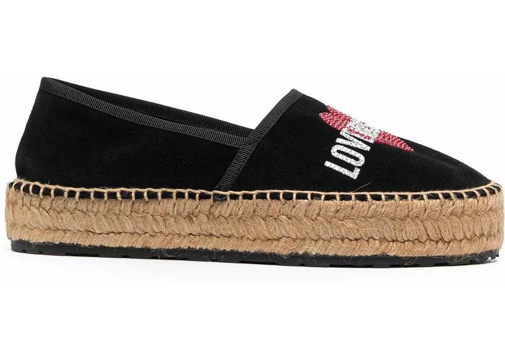 Moschino Love Suede Split Leather Platform Espadrilles With Strass Lo Black b-mall.ro