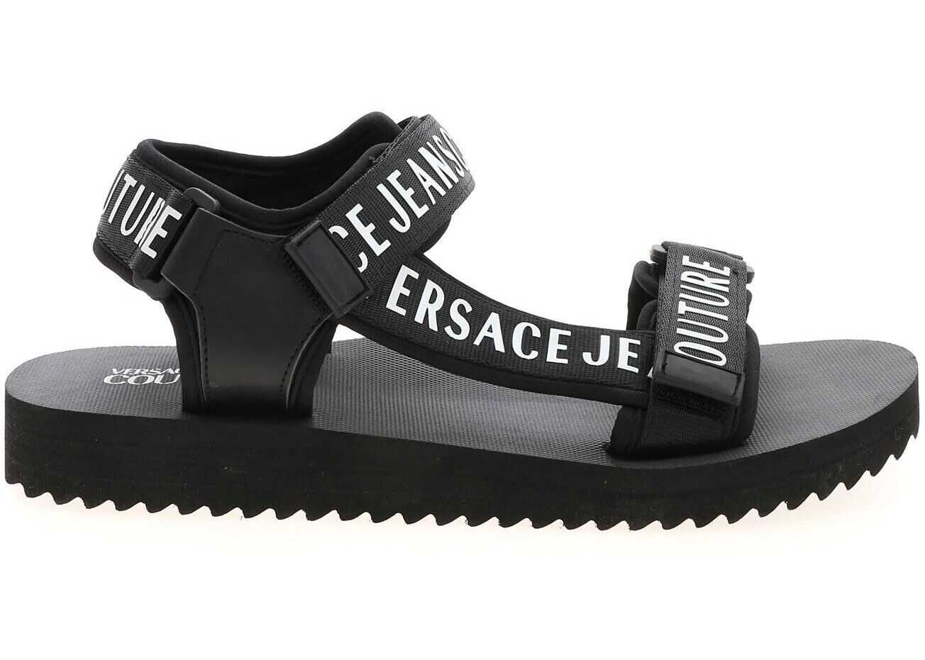 Versace Jeans Couture Branded Velcro Sandals In Black And White* Black