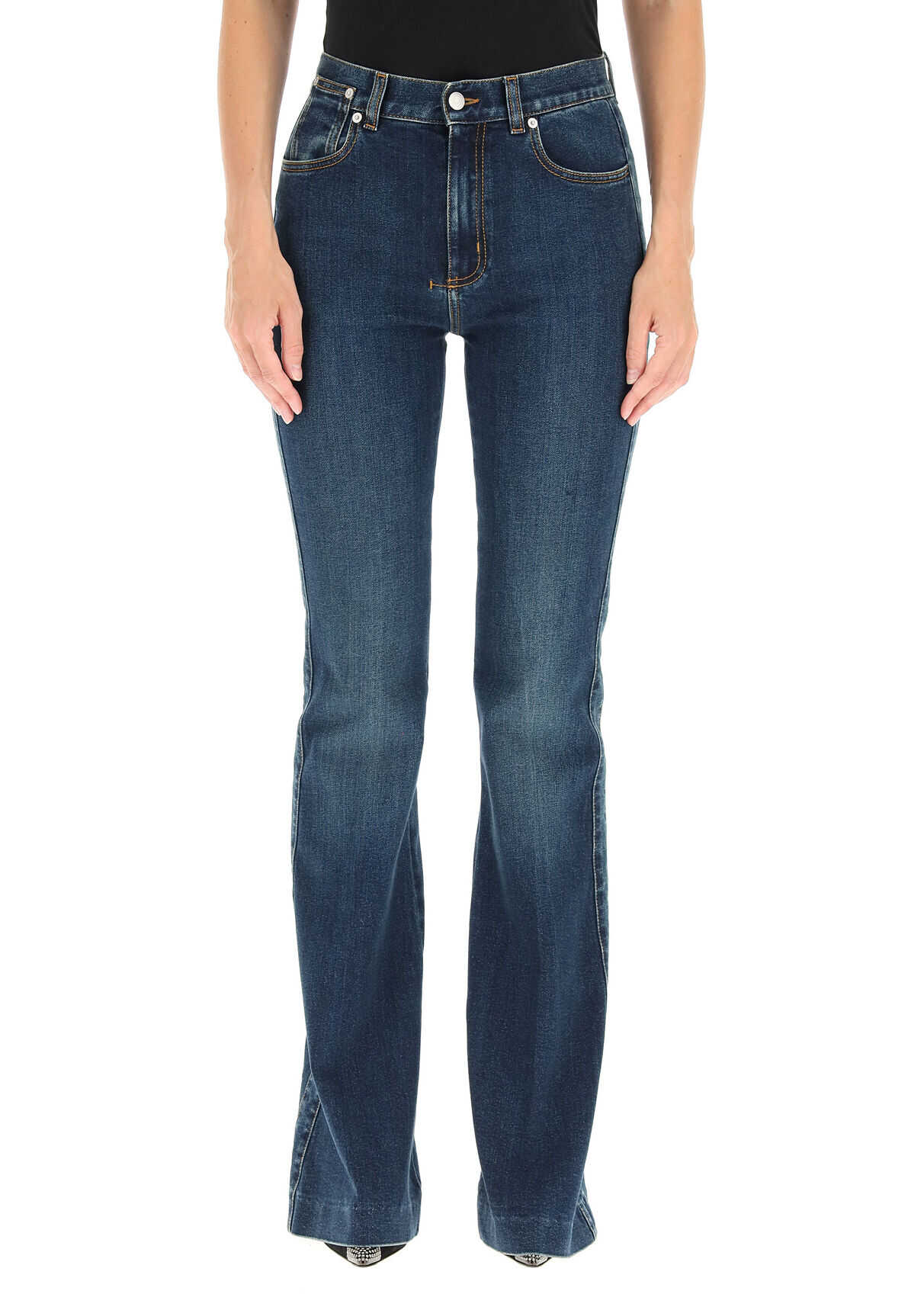 Alexander McQueen High Waist Flare Jeans 628062 QMABH DARK BLUE WASH