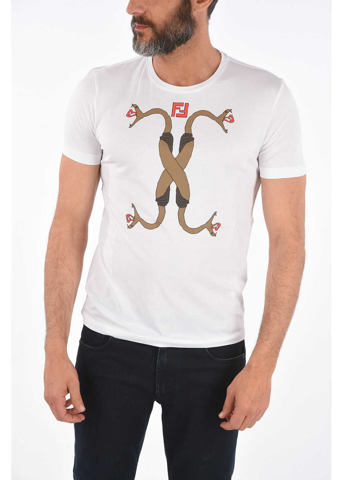 Fendi Crew-Neck T-Shirt With Printed Snake WHITE