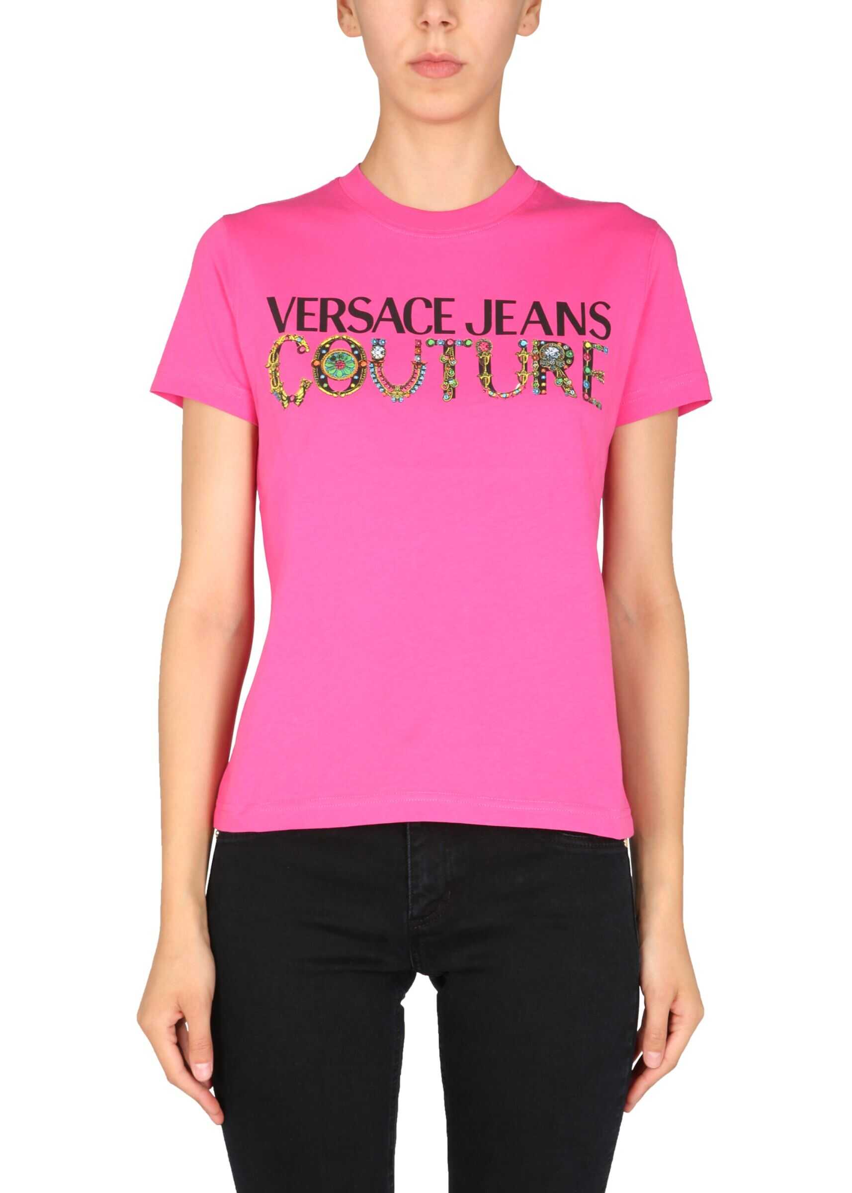 Versace Jeans Couture T-Shirt With Bijoux Logo Print 71HAHF03_CJ00F455 FUCHSIA