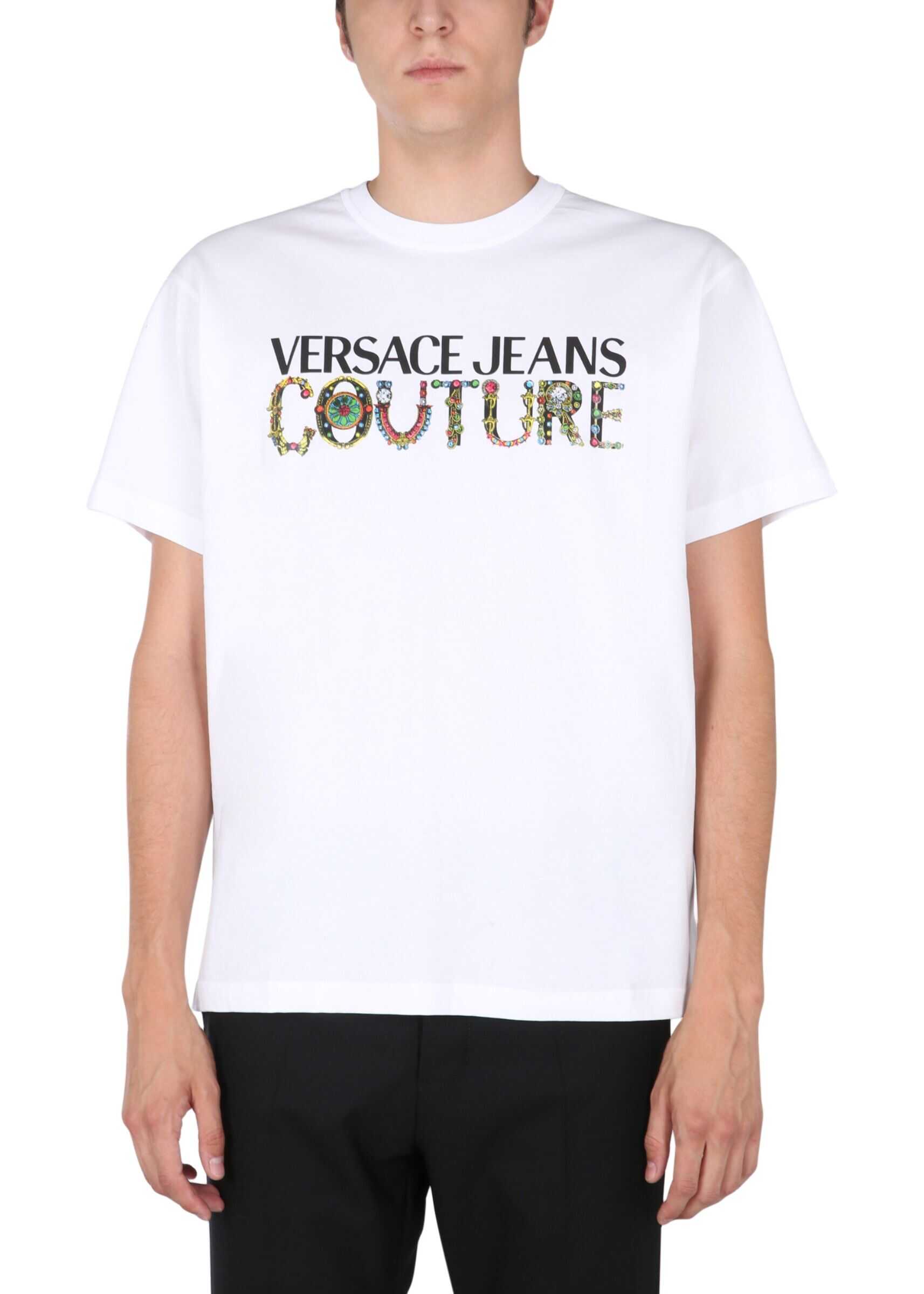 Versace Jeans Couture Round Neck T-Shirt With Bijoux Logo 71GAHF04_CJ00F003 WHITE