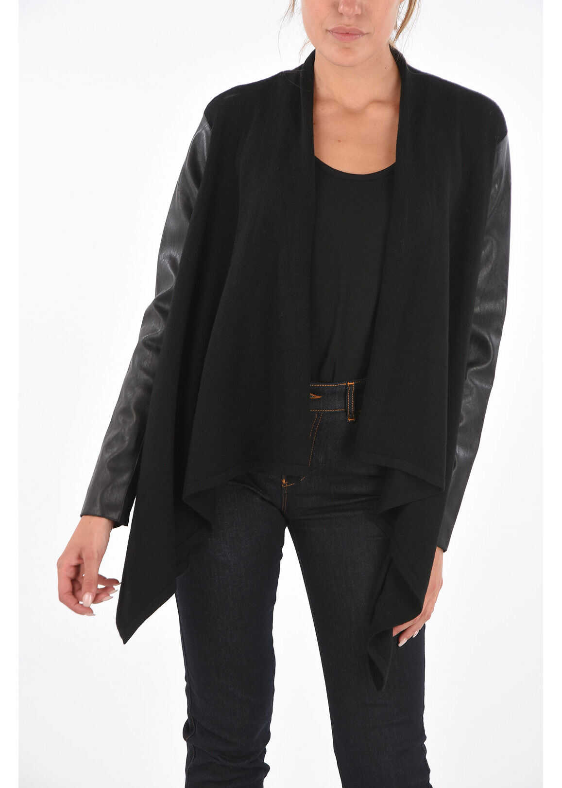 Armani Armani Exchange Faux Leather Sleeve Asymmetrical Cardigan Black