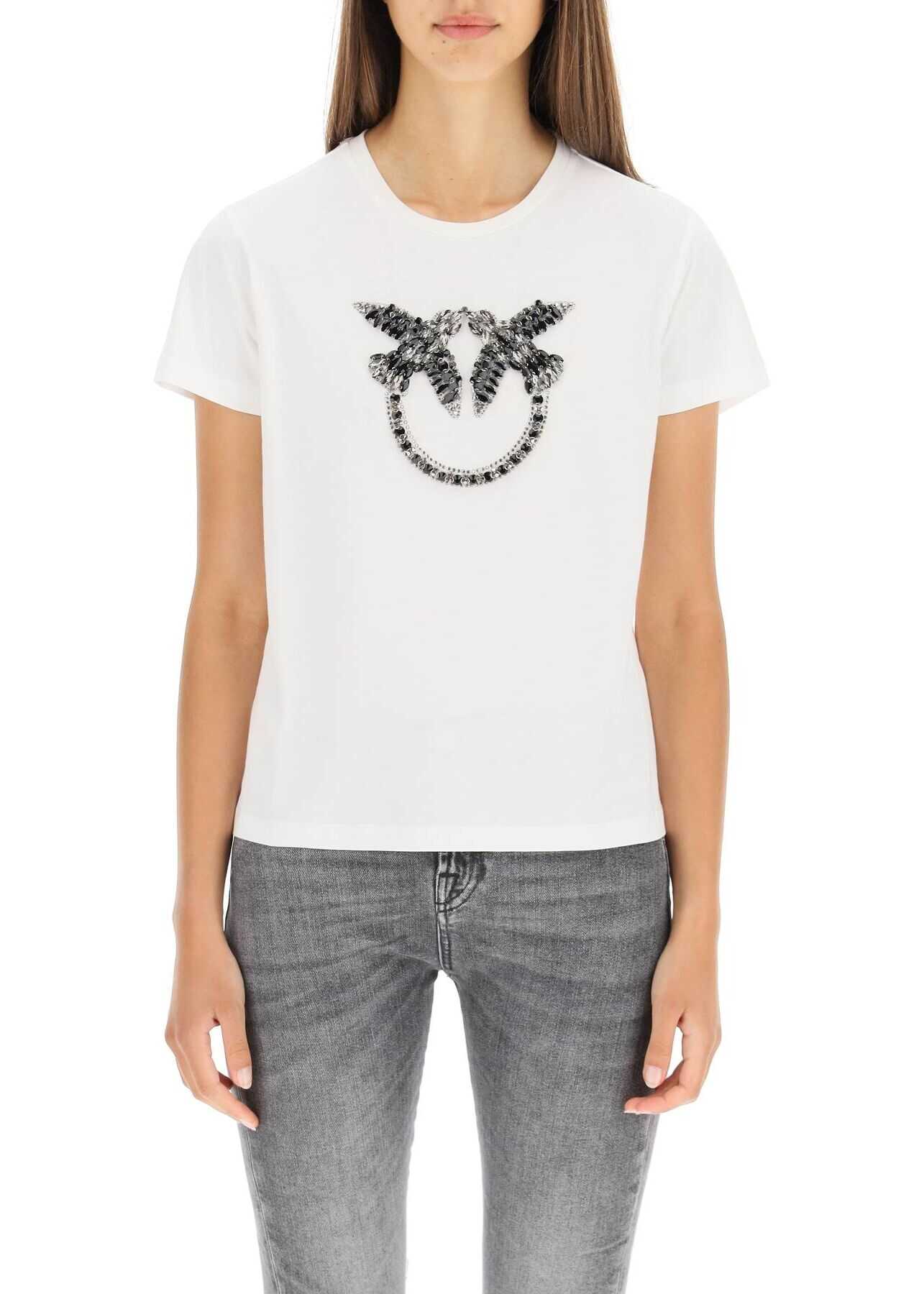 Pinko Quentin T-Shirt Love Birds Embroidery 1G16JB Y4LX BIANCO NERO