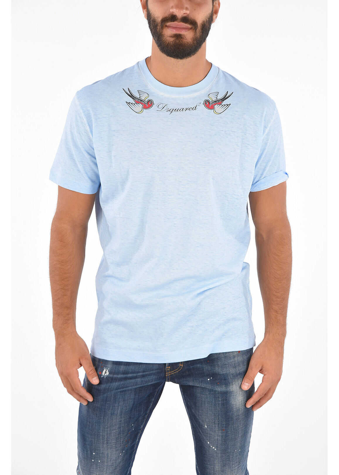 DSQUARED2 Icon Cotton The Birds Tattoo Cool Fit T-Shirt Light Blue