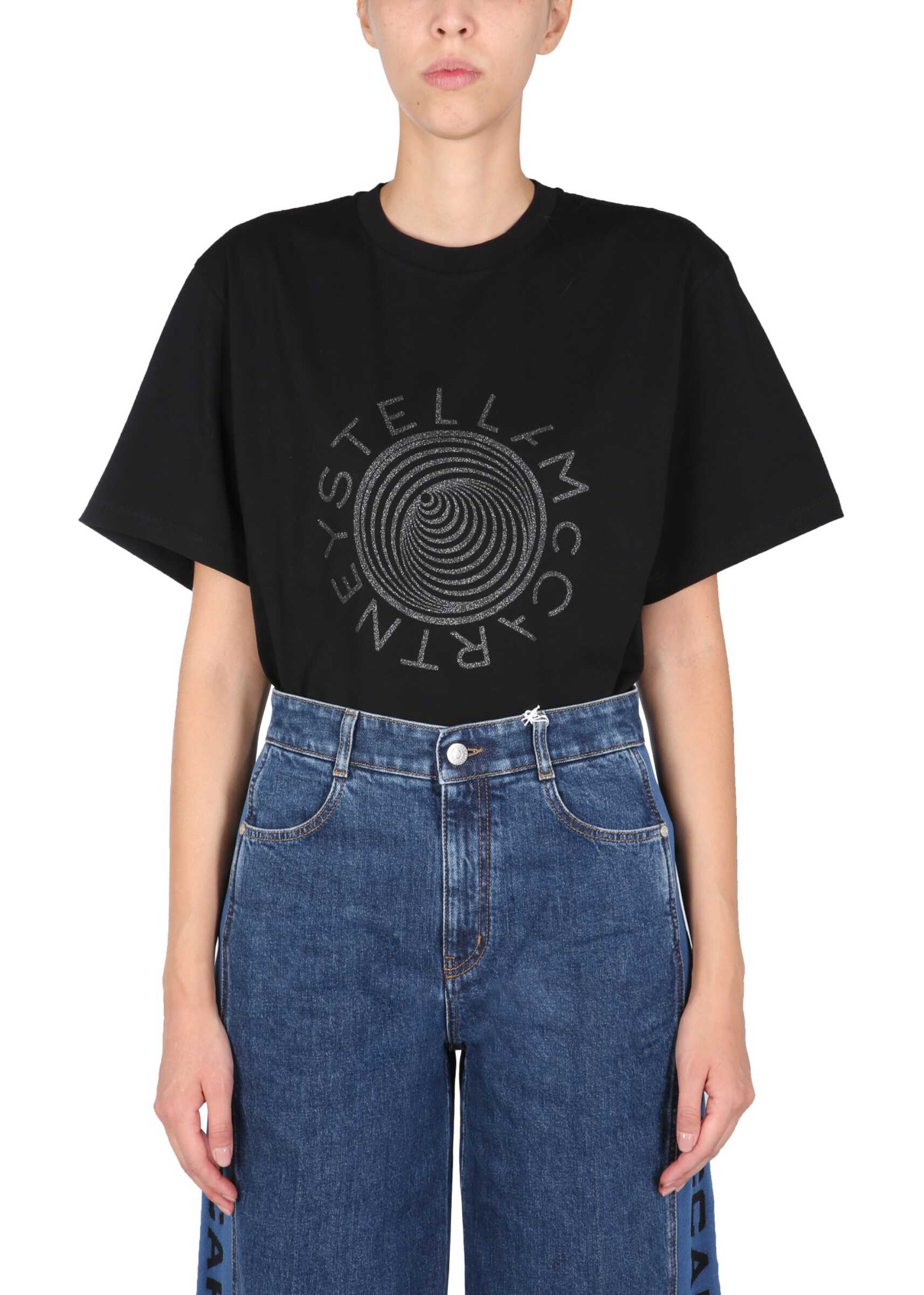 Stella McCartney "Optical Glitter" Logo Print T-Shirt 604034_SPW181000 BLACK