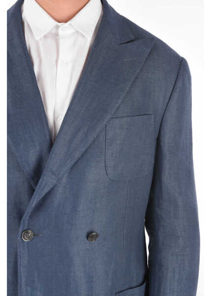 Sacouri elegante CORNELIANI Silk And Flax Gate Side Vents Peak Lapel Double-Breasted Bla Blue Barbati (BM 8540013) 3