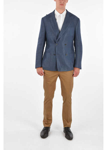 Sacouri elegante CORNELIANI Silk And Flax Gate Side Vents Peak Lapel Double-Breasted Bla Blue Barbati (BM 8540013) 4