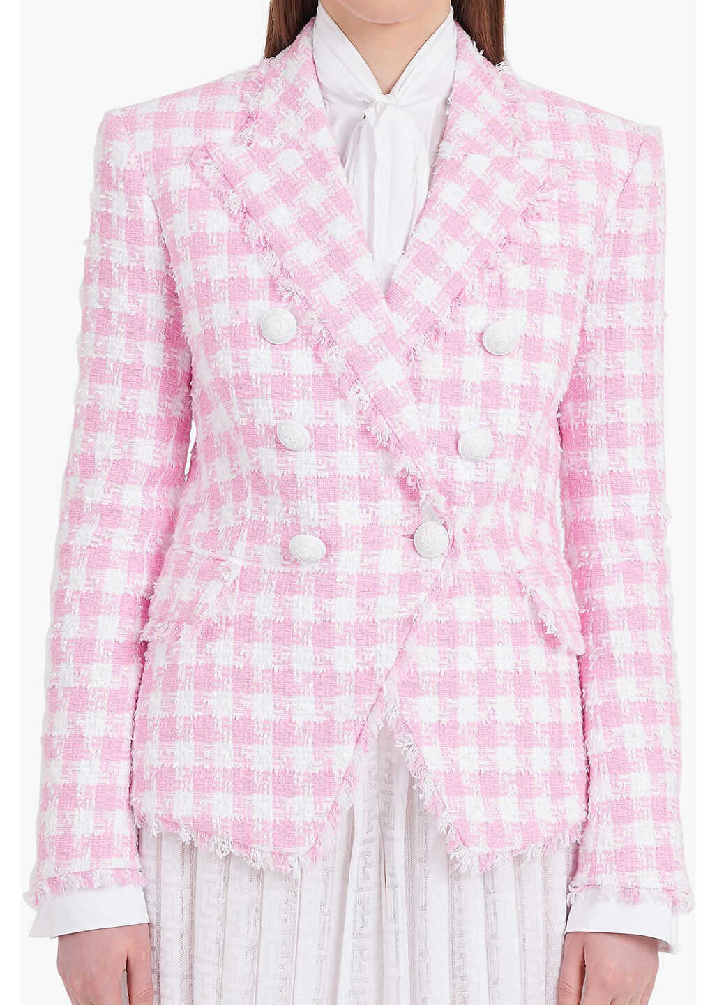 Balmain White And Pink Gingham Print Tweed Jacket WF1SG000C307 White/pink