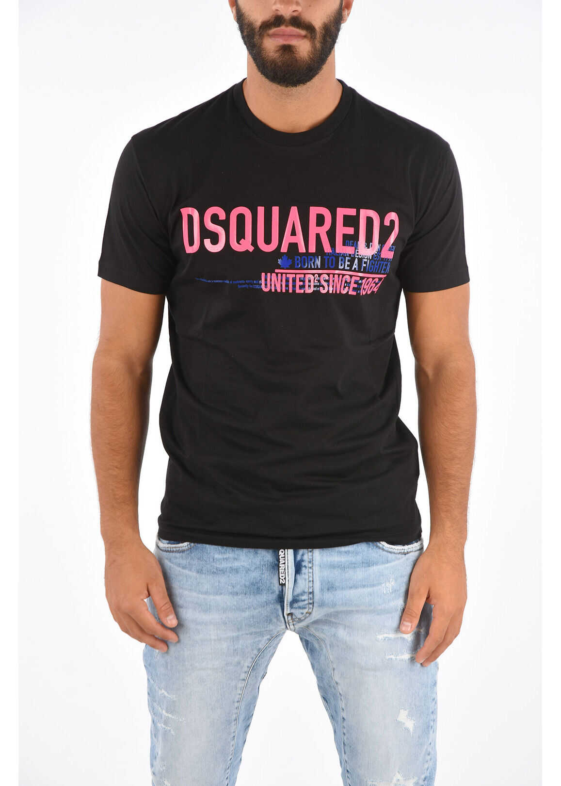 DSQUARED2 Cool Fit T-Shirt Born To Be A Fighter With Fluo Print Black