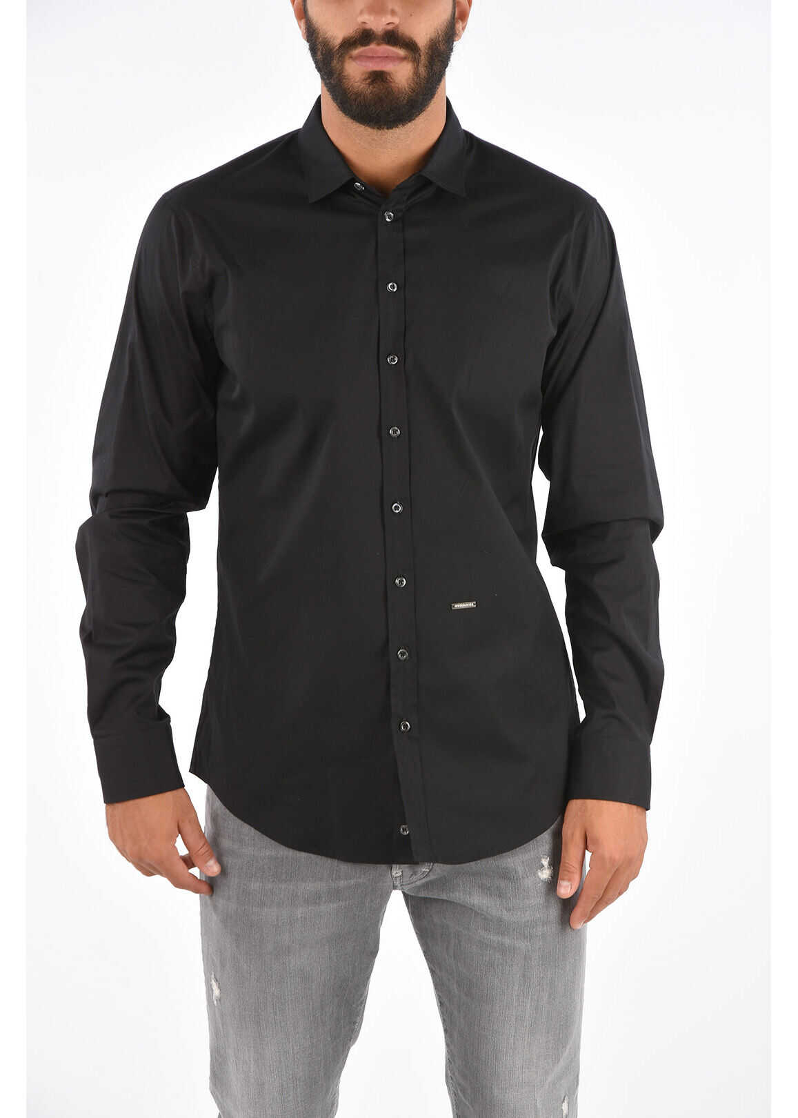 DSQUARED2 Stretchy Cotton Spread Collar Shirt Black