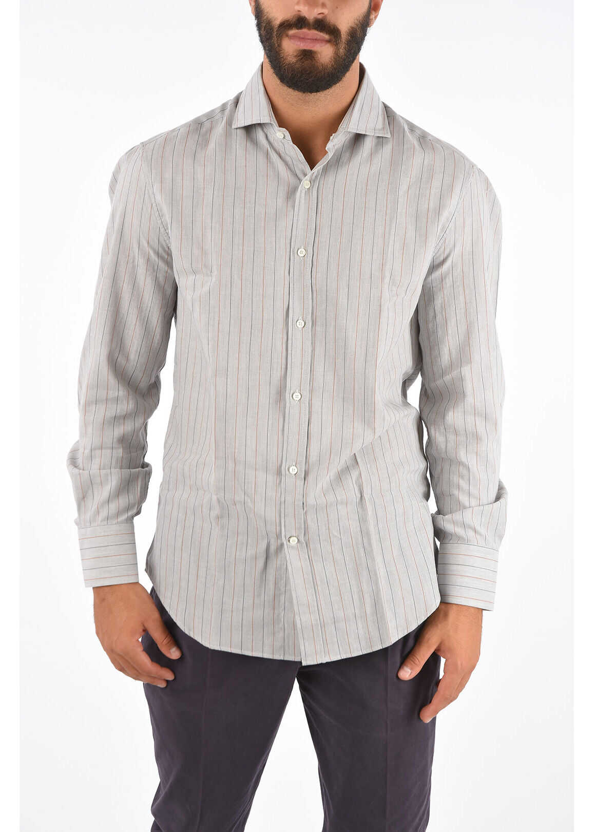 Brunello Cucinelli Striped Slim Fit Classic Collar Shirt Gray image