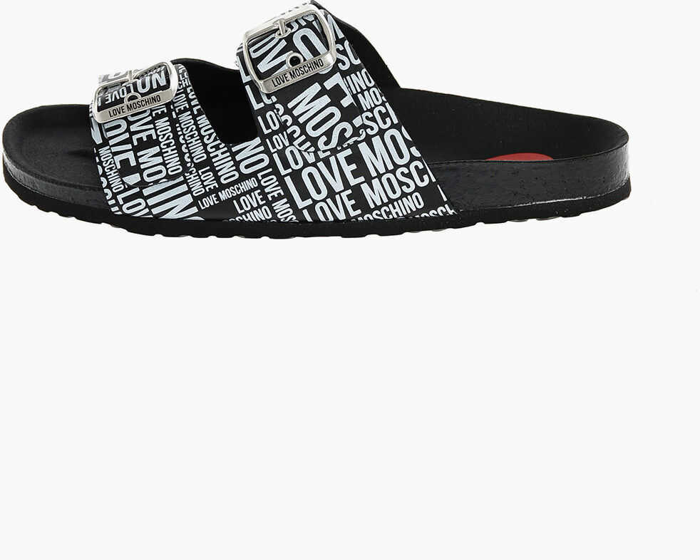 Papuci Moschino Love Leather Printed Sandal Black & White Femei (BM 8561676) 2