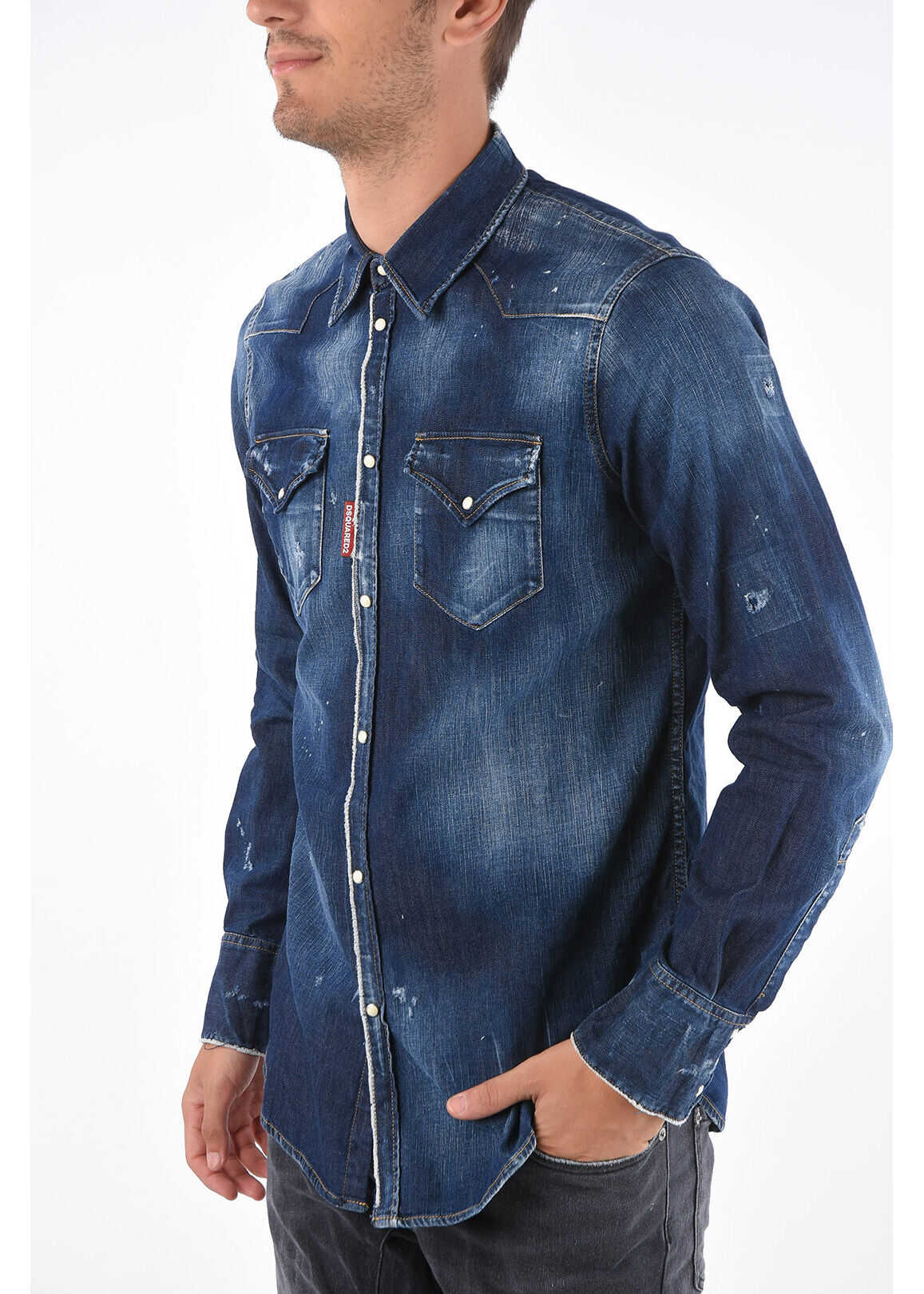 DSQUARED2 Distressed Denim Western Shirt Blue