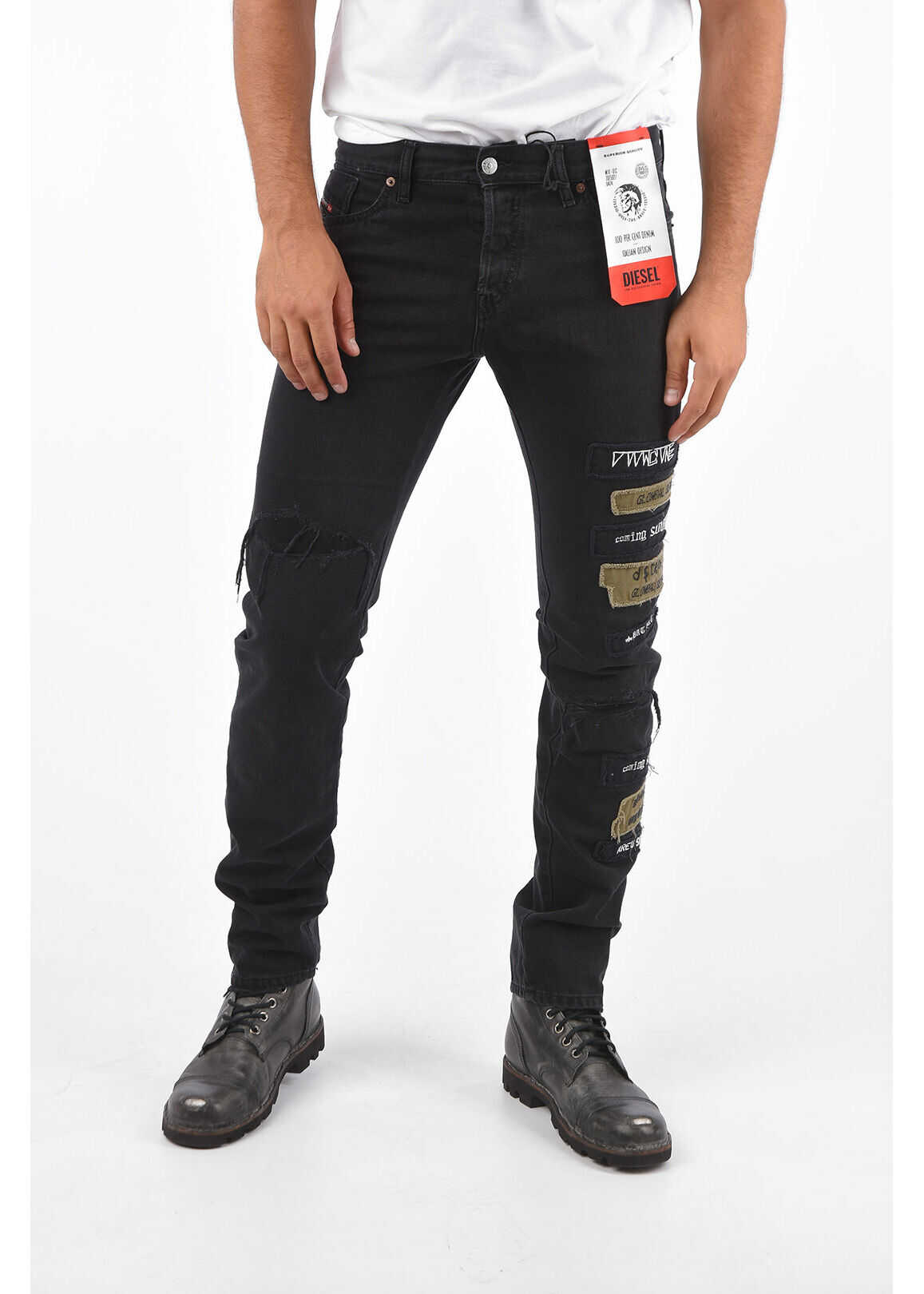 Diesel Slim Fit Jeans D-Kras With Pacthes Black