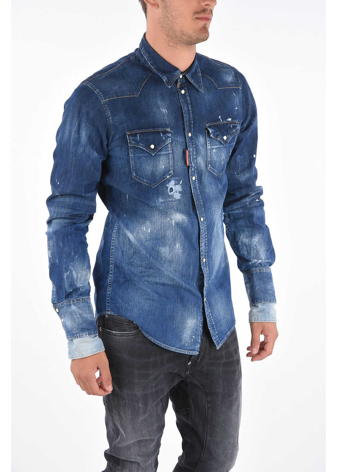 DSQUARED2 Distressed Denim Western Shirt With Snap Closure Blue