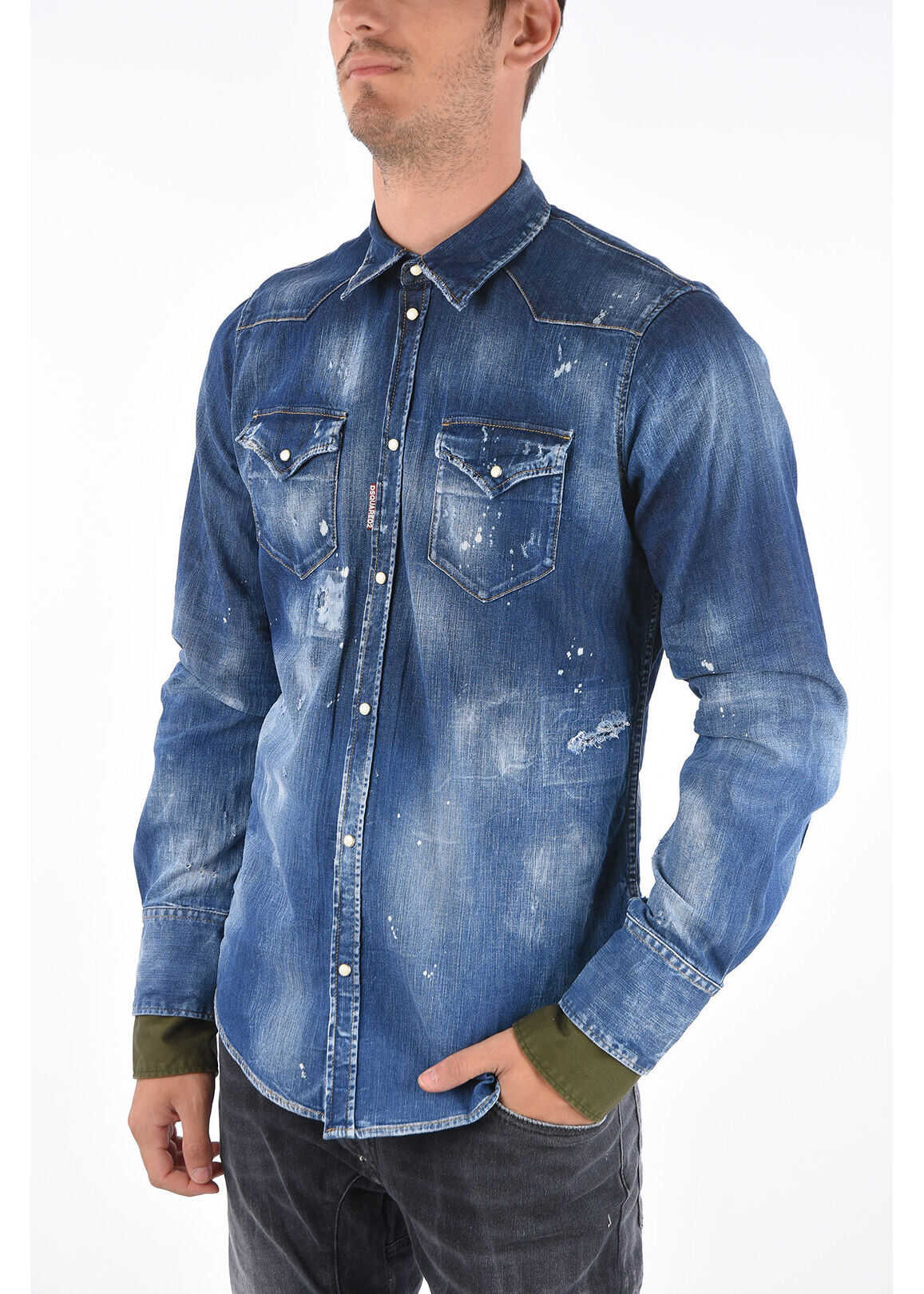 DSQUARED2 Distressed Denim Western Shirt With Snap Closure Blue