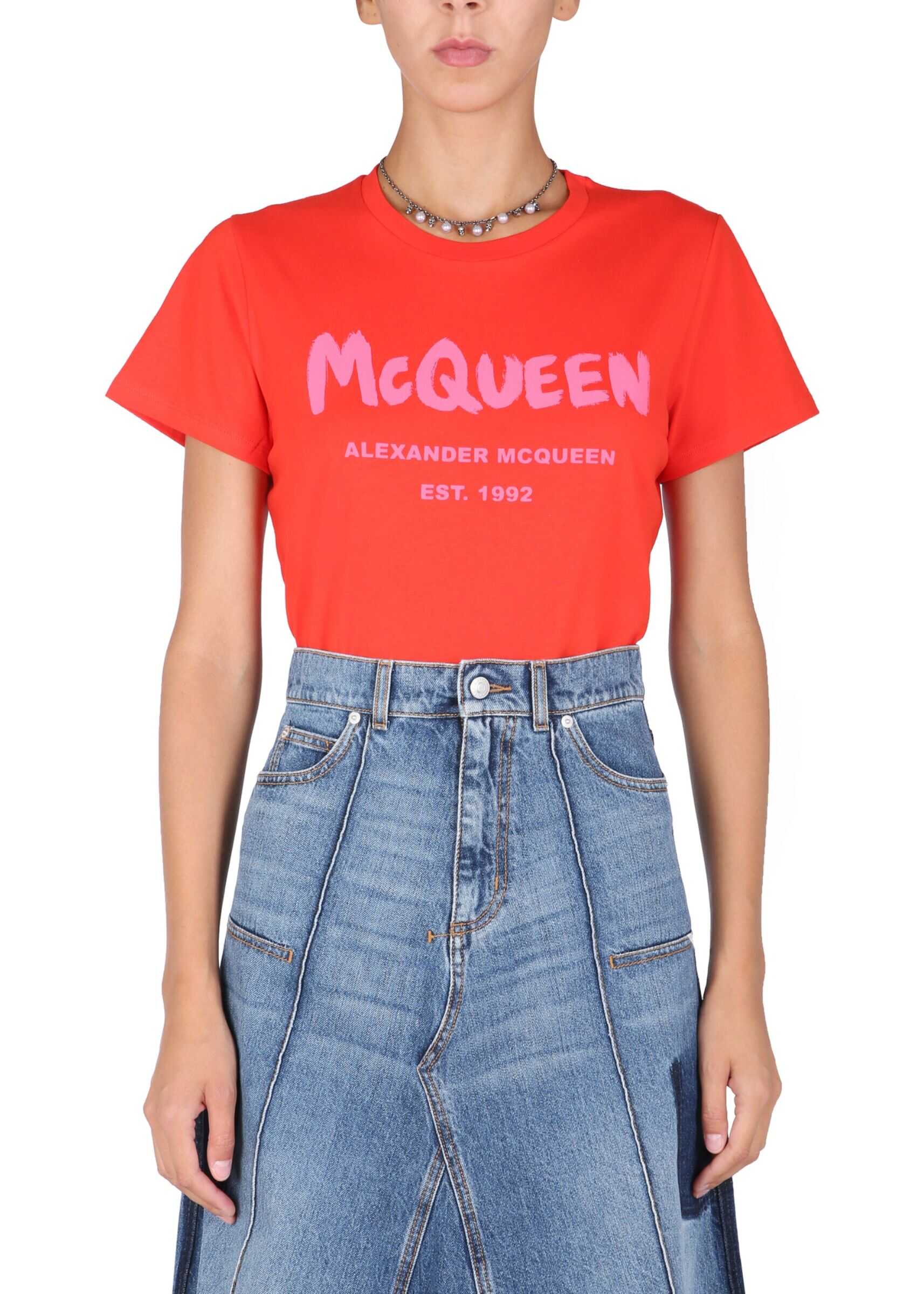 Alexander McQueen T-Shirt With Graffiti Logo Print 608614_QZAD30618 RED