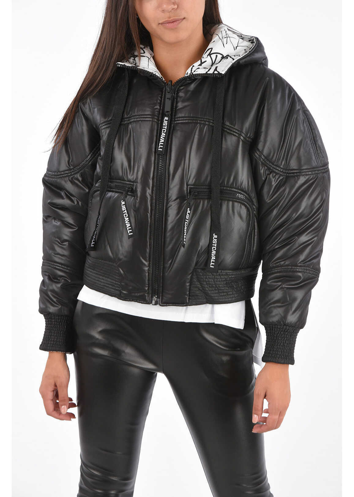 Just Cavalli Reversible Cropped Maxi Puffer Jacket With Hood Black & White