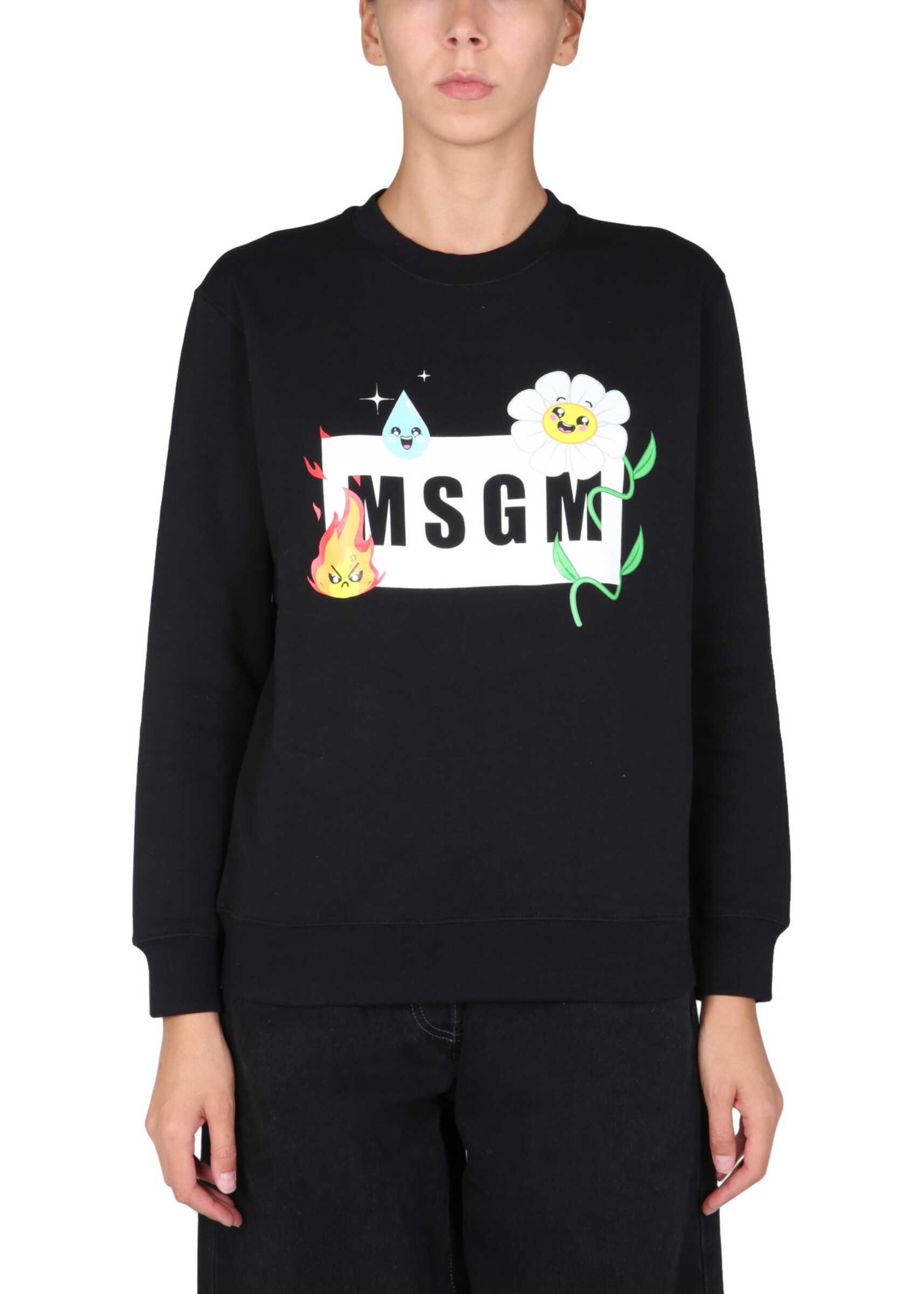 MSGM Sweatshirt With "Emoji" Logo Box And Flower Print 3142MDM187_21799999 BLACK