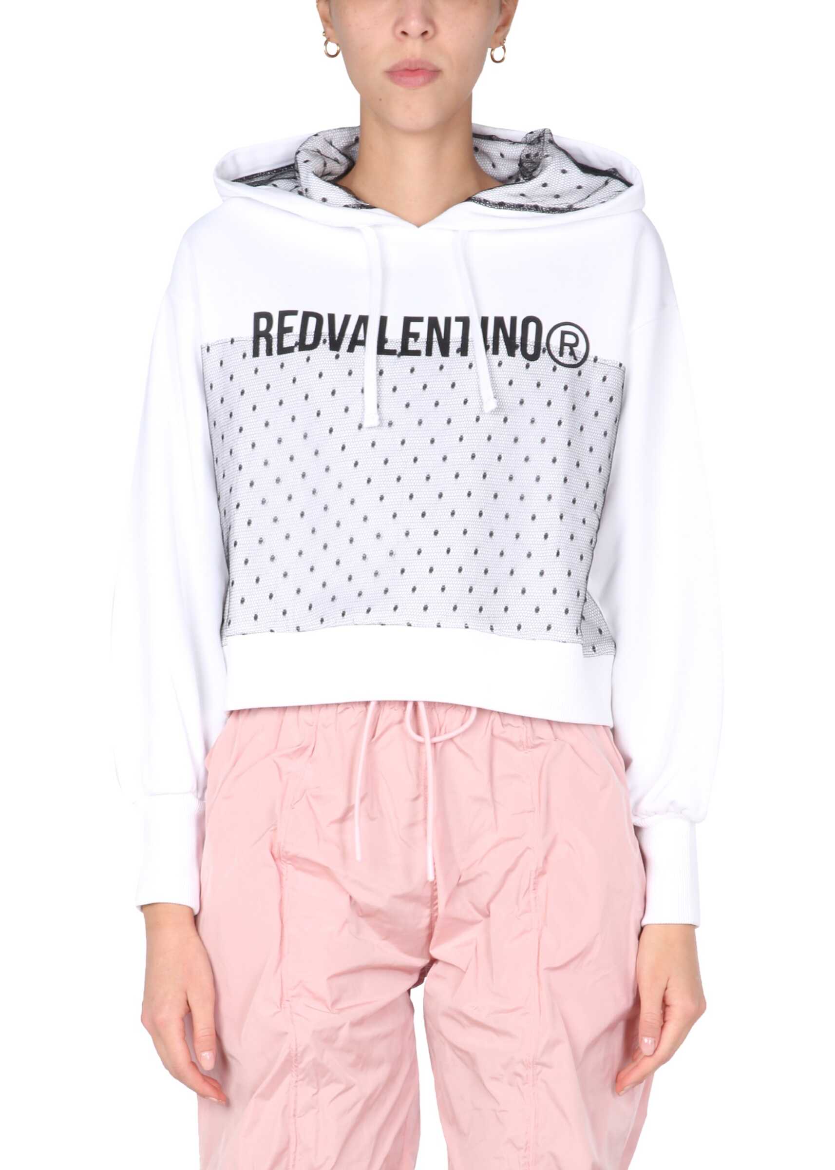 RED VALENTINO Tulle Point D\'esprit Sweatshirt With Logo Print WHITE
