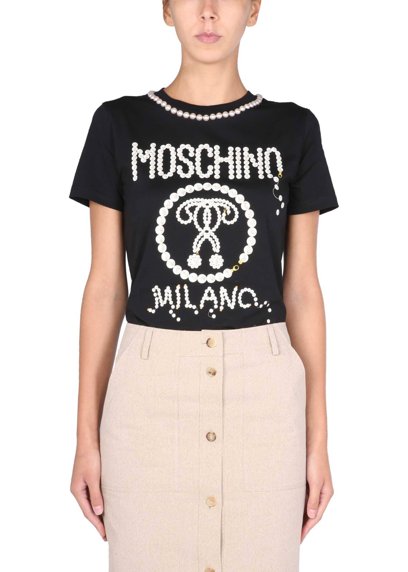 Moschino Pearls Double Question Mark T-Shirt 07065440_2555 BLACK