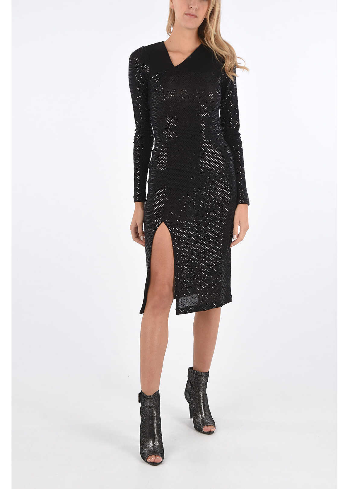 Just Cavalli Holographic Effect Split-Front Hem Below Knee Bodycon Dress Black