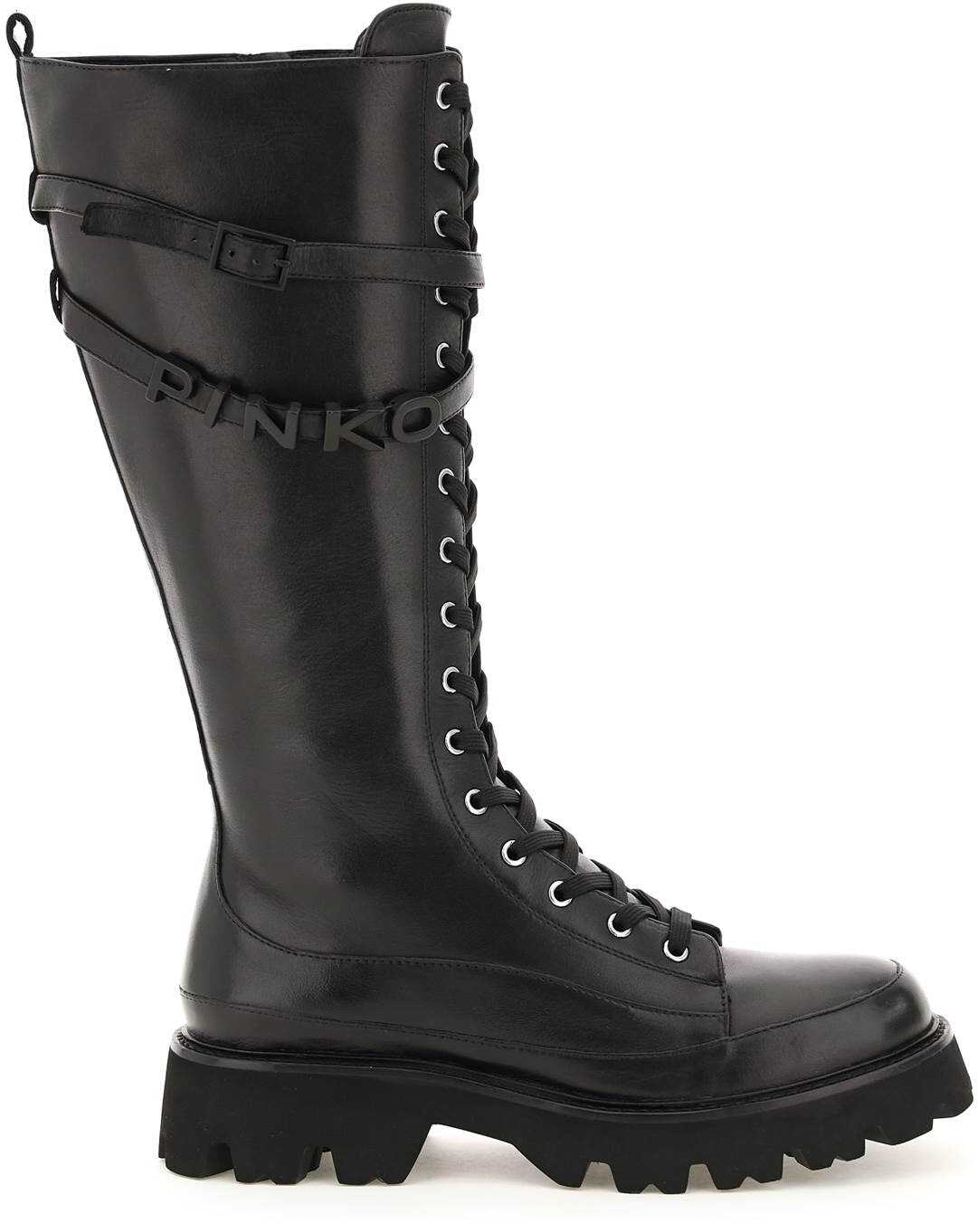 Pinko Leather High Combat Boots 1H20XU Y7K6 NERO LIMOUSINE