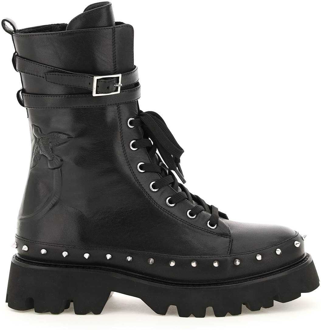 Pinko Leather Combat Boots With Studs 1H20XW Y7K6 NERO LIMOUSINE