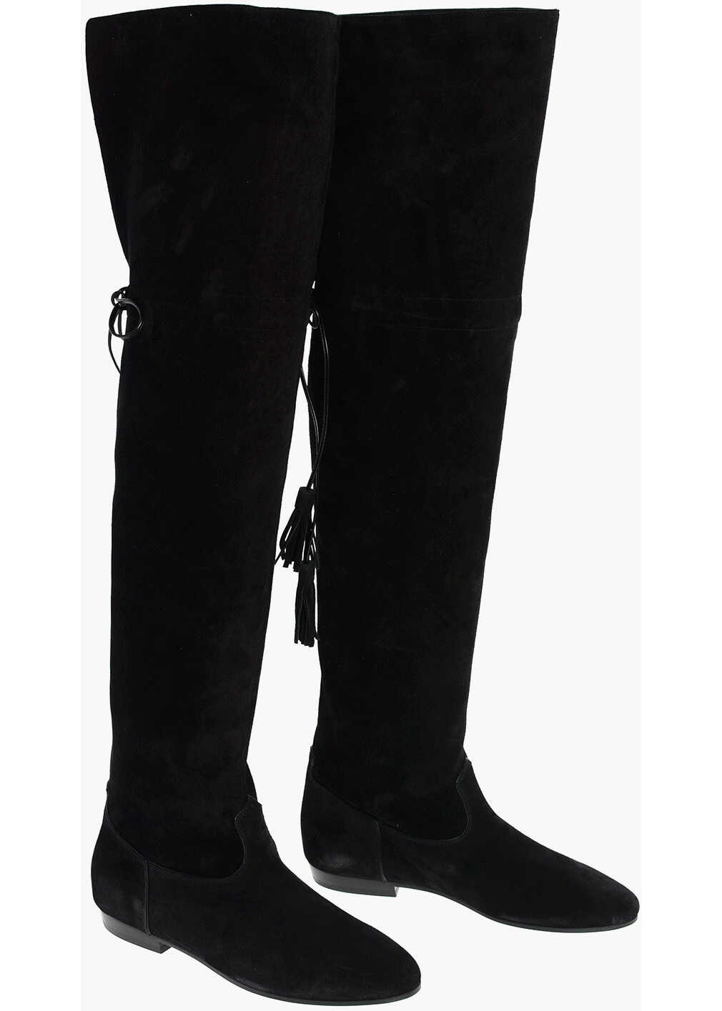 Céline Over The Knee Suede Boots With Laces And Tassels Detail Black b-mall.ro