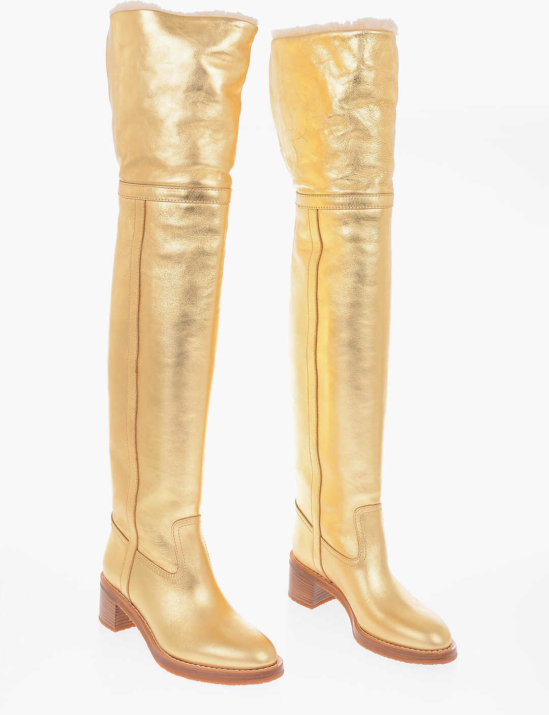 Céline Metalized Leather Folco 6Cm Over-The-Knee Boots With Shearli Gold