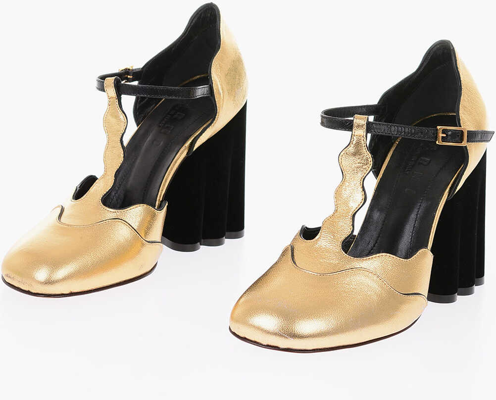 Marni 10Cm Glistening Textured Leather T-Strap Pumps With Velvet H Gold image0