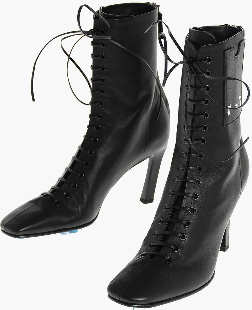 Off-White Lace Up Leather Booties With Side Card Holder Black image