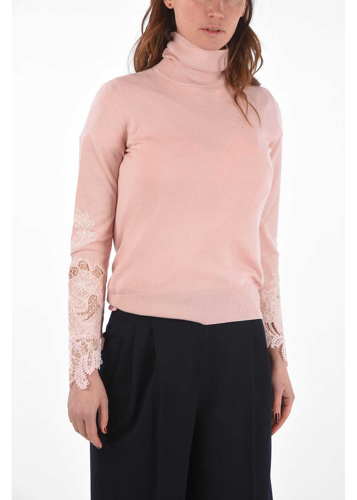 Ermanno Scervino Turtleneck Virgin Wool Sweater With Lace Details Pink image0