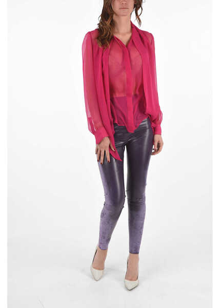 Camasi casual Saint Laurent Tie Neck Silk Shirt With Hidden Buttoning Pink Femei (BM 8690391) 4