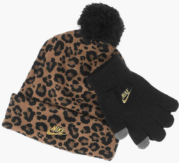 Nike Kids Gloves And Leopard Printed Hat Set Brown