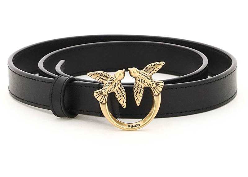 Pinko Love Birds Leather Thin Belt 1H20ZV Y7SP NERO ANTIQUE GOLD