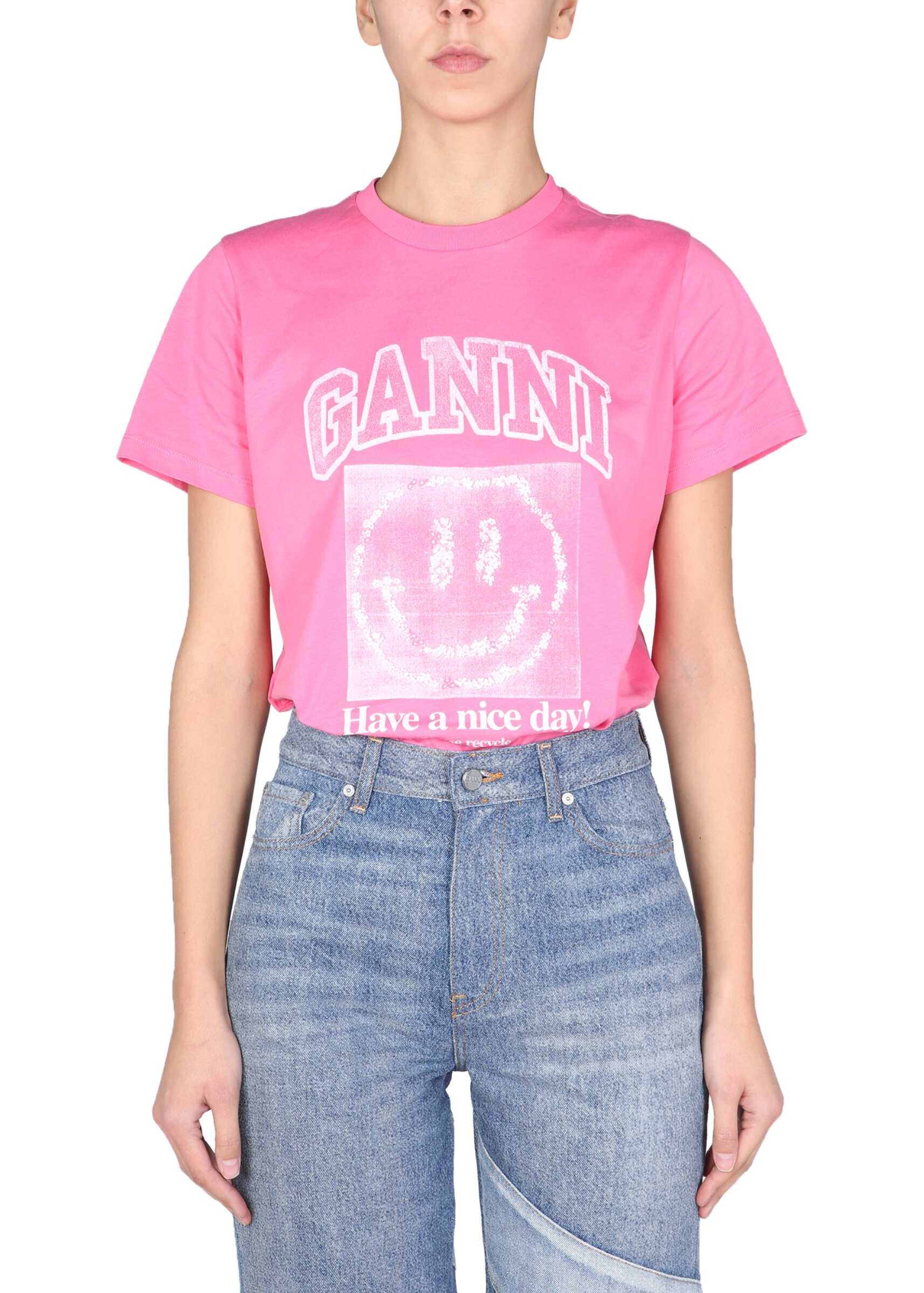 Ganni "Smiley" T-Shirt With Print T3072_530 PINK