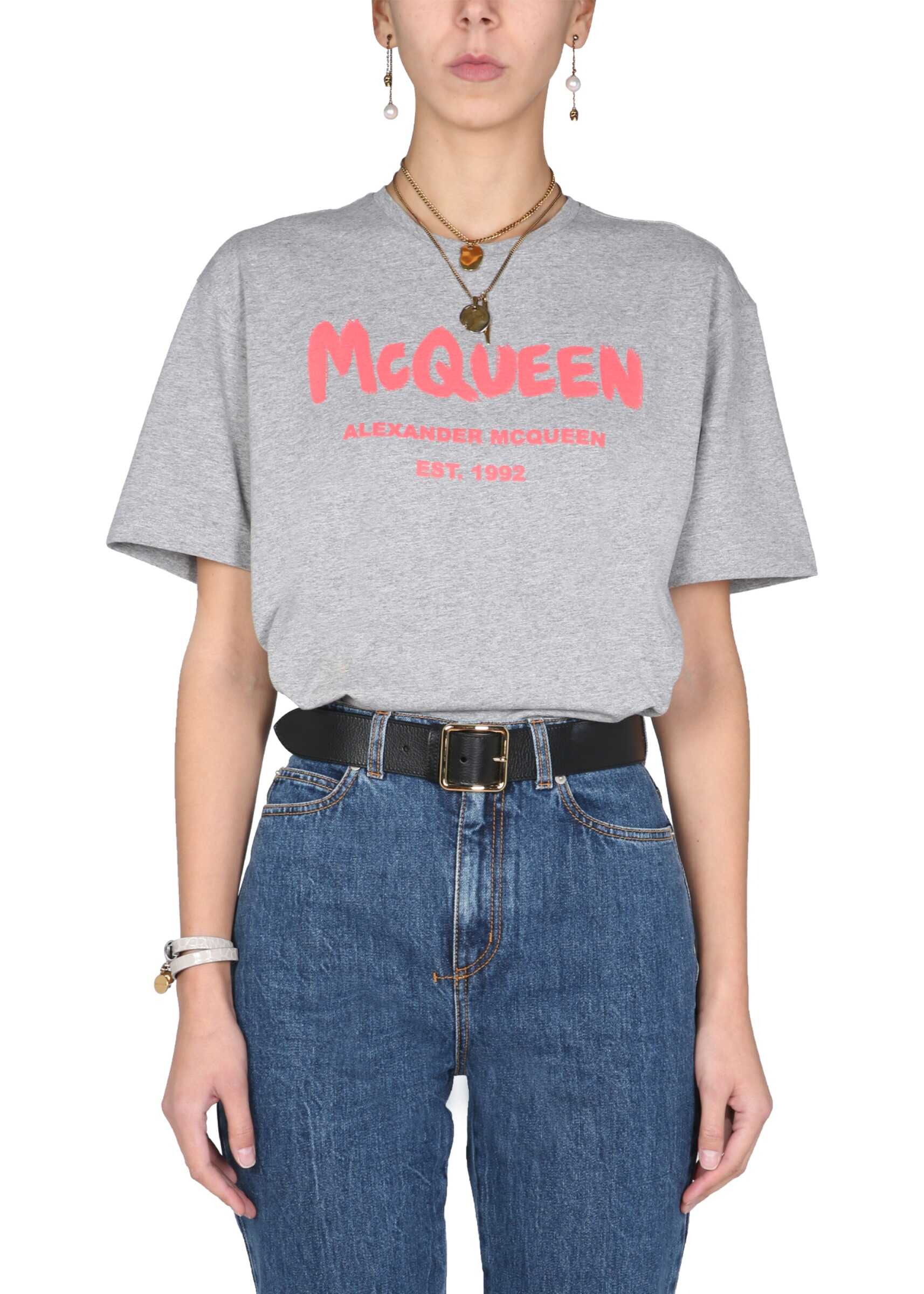 Alexander McQueen T-Shirt With Graffito Logo Print 659729_QZAD30544 GREY