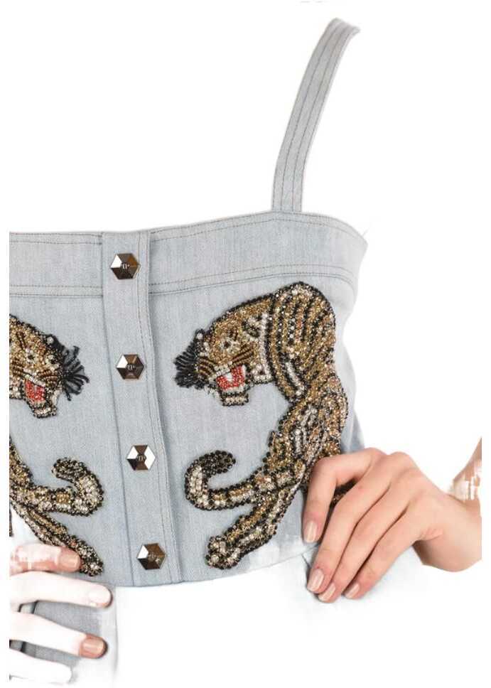 Rochii scurte Philipp Plein Couture Denim Pleated Detaills Its Fine Love Dress With Rhi Blue Femei (BM 8721990) 3