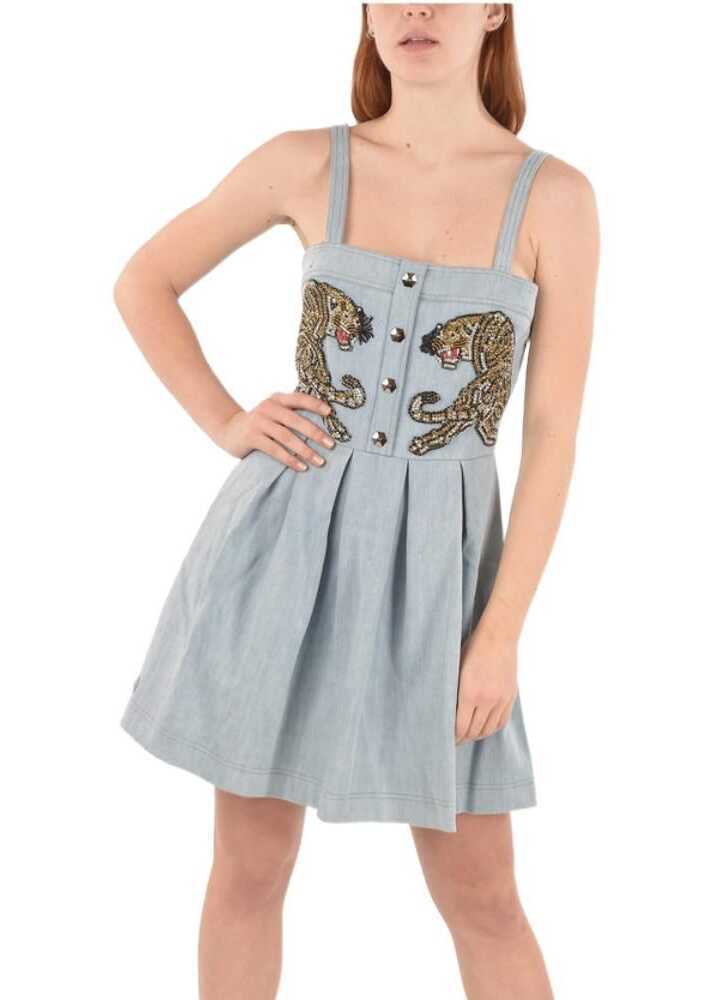 Rochii scurte Philipp Plein Couture Denim Pleated Detaills Its Fine Love Dress With Rhi Blue Femei (BM 8721990) 4