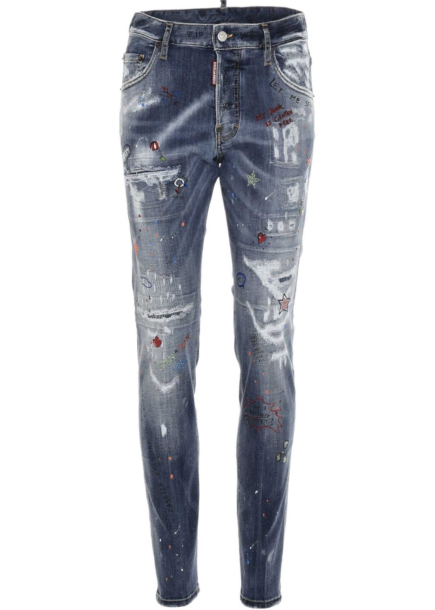 DSQUARED2 Printed Skater Stretch Denims With Strass Blue