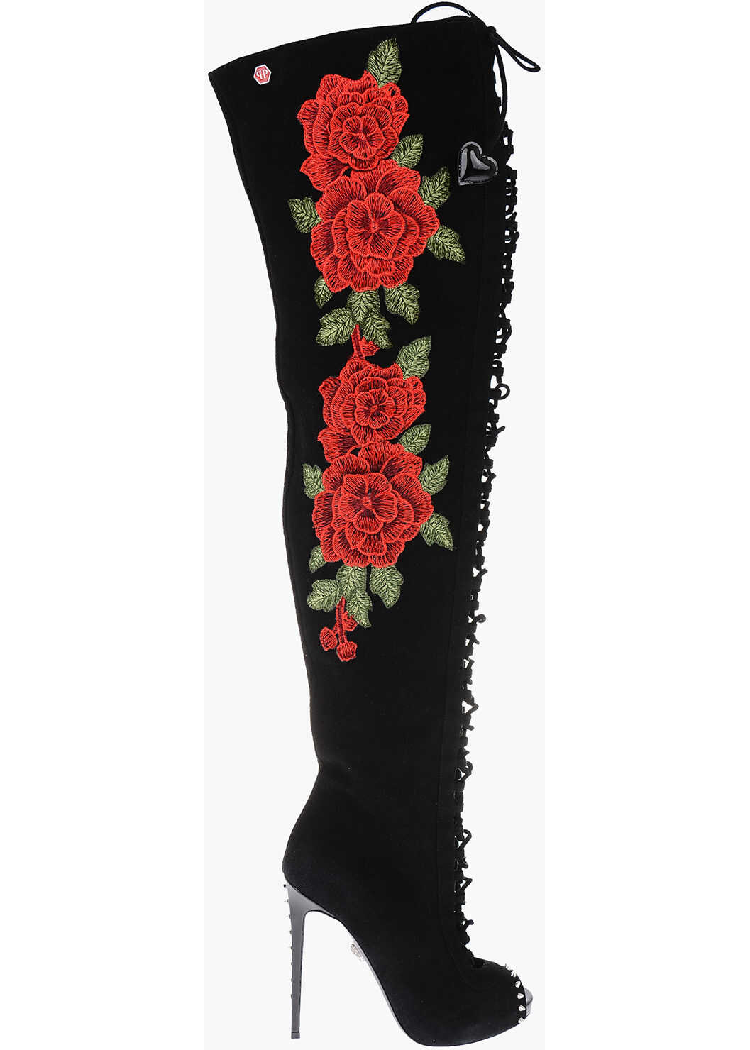 Philipp Plein 12Cm Leather Roses Show Peep Toe Lace-Up Boots Black b-mall.ro