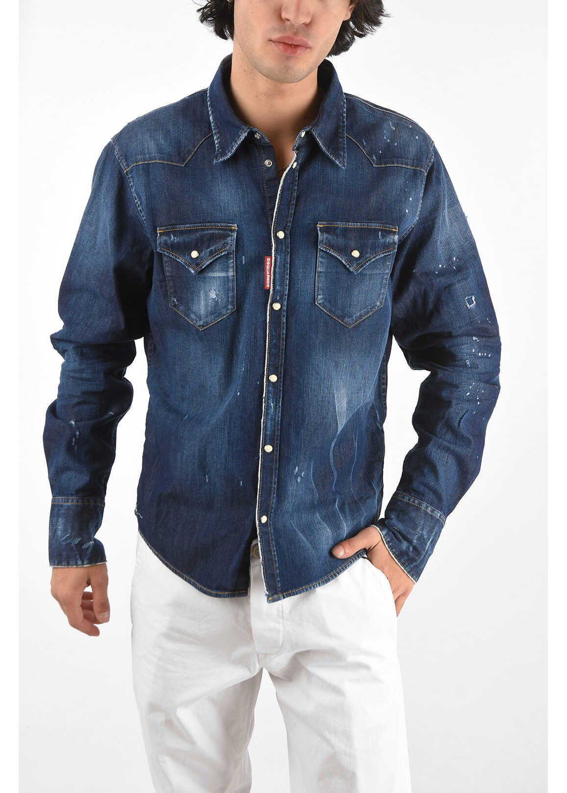 DSQUARED2 Stretch Denim Shirt With Breast Pockets Blue